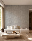 Black and white hand-drawn line commercial wallcovering installed in a living room