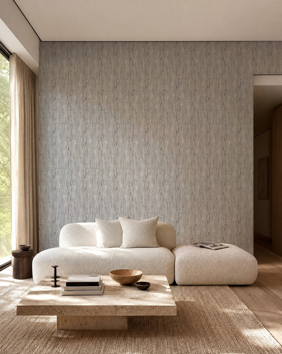 Black and white hand-drawn line wallpaper installed in a living room