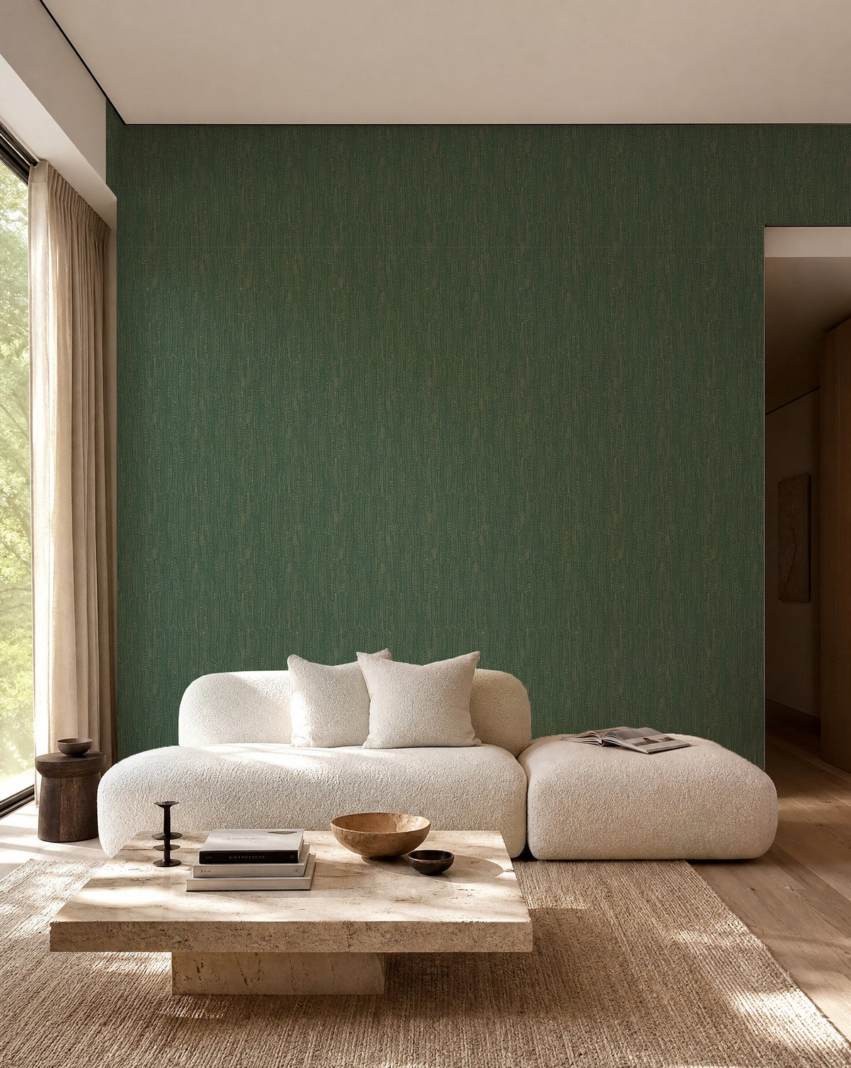 Green and gold hand-drawn line commercial wallcovering installed in a living room