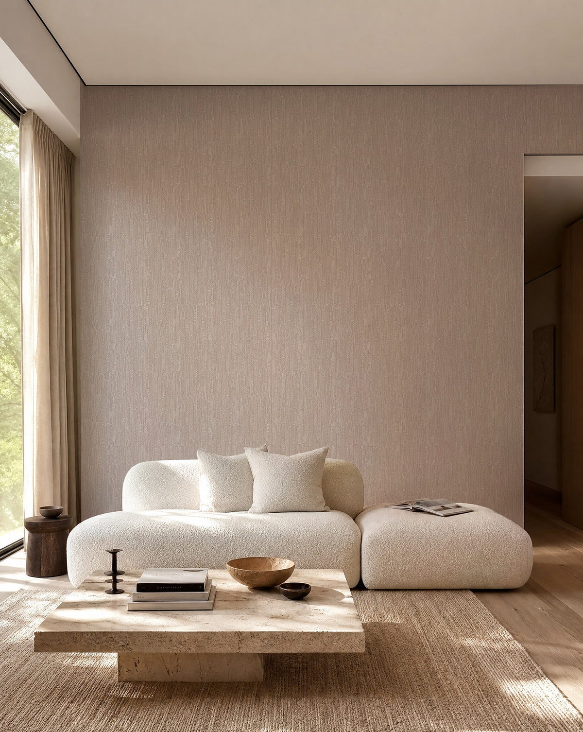 Natural beige hand-drawn line commercial wallcovering installed in a living room