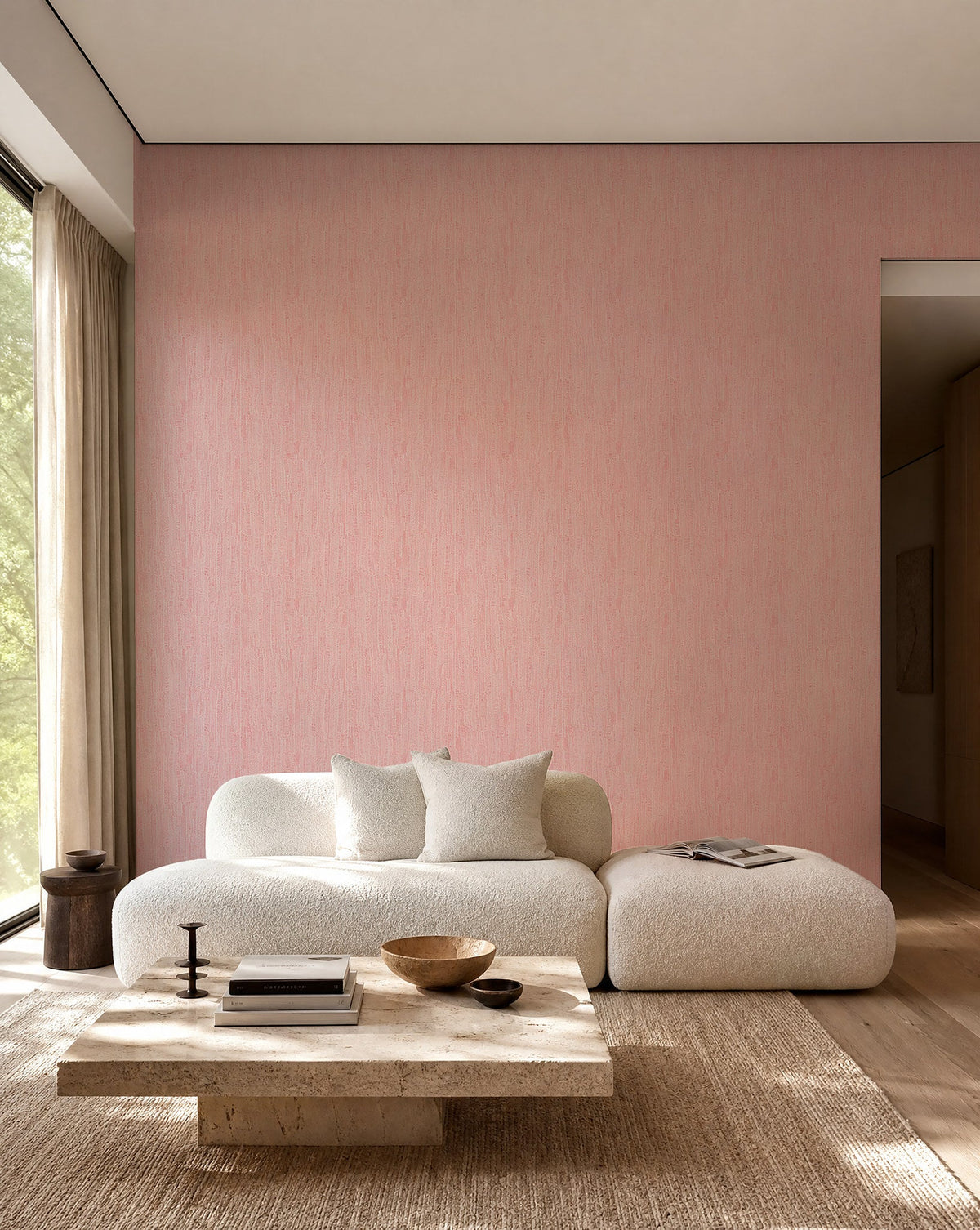 Pale pink hand-drawn line commercial wallcovering installed in a living room