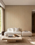 Pale yellow hand-drawn line wallpaper installed in a living room