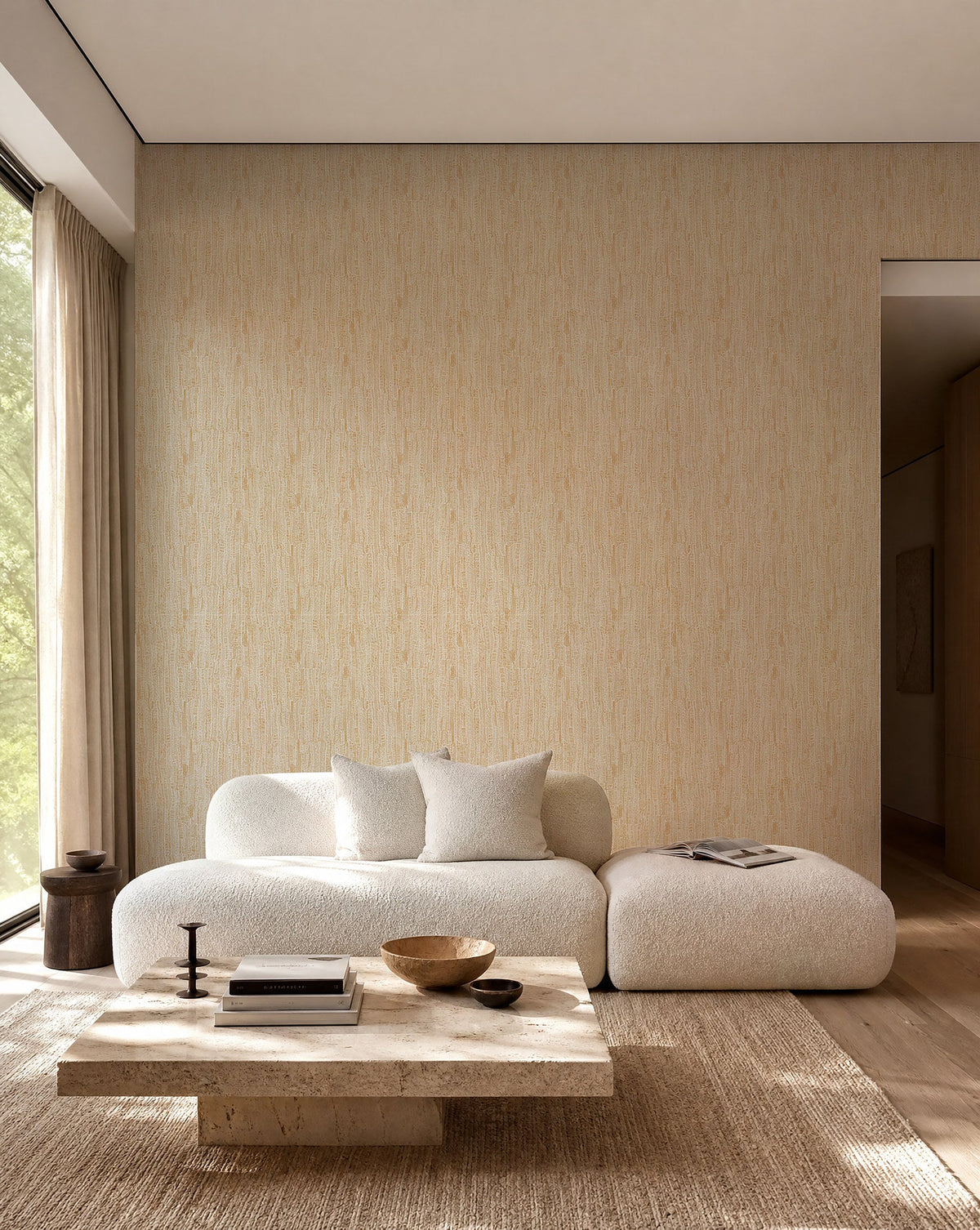 Pale yellow hand-drawn line commercial wallcovering installed in a living room