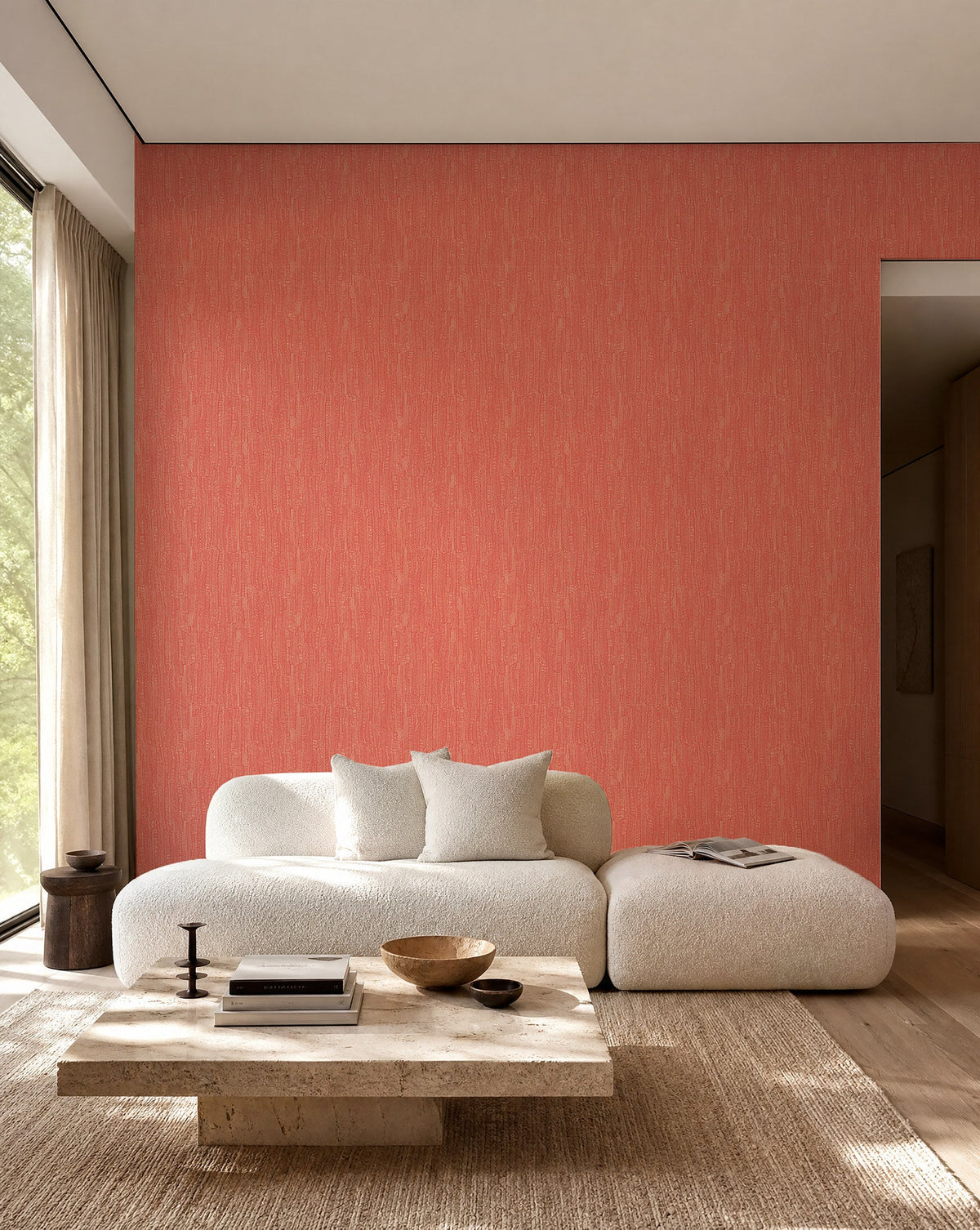 Coral hand-drawn line wallpaper installed in a living room