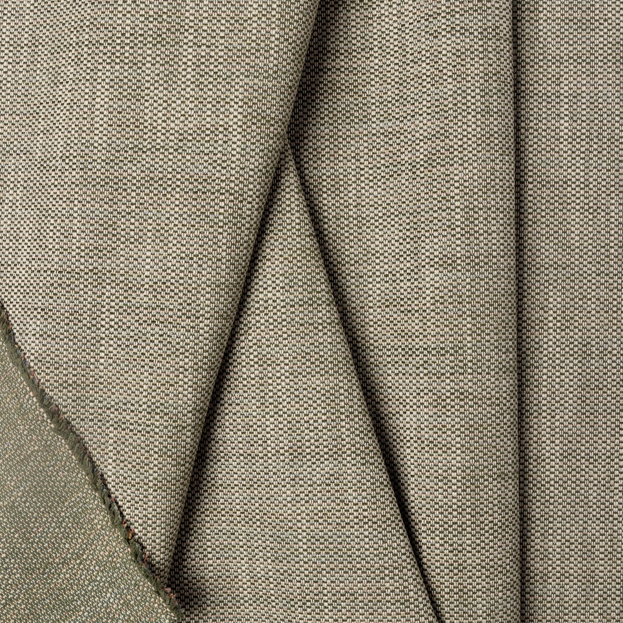 Green basketweave upholstery fabric by the yard, folded showing drape and weight