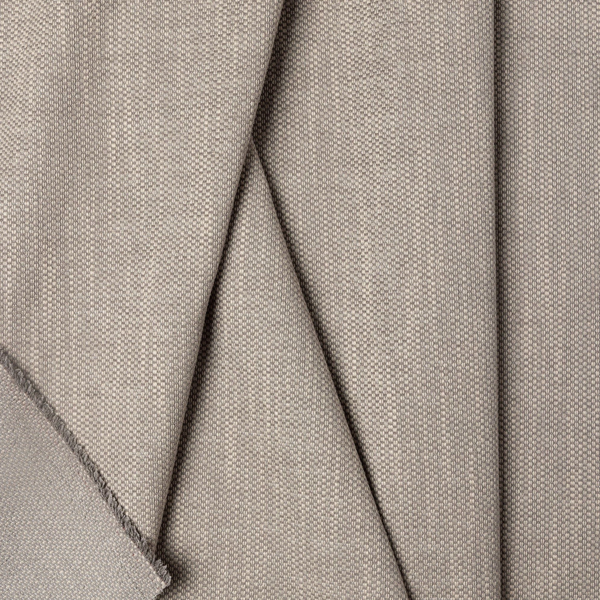 Gray basketweave upholstery fabric by the yard, folded showing drape and weight