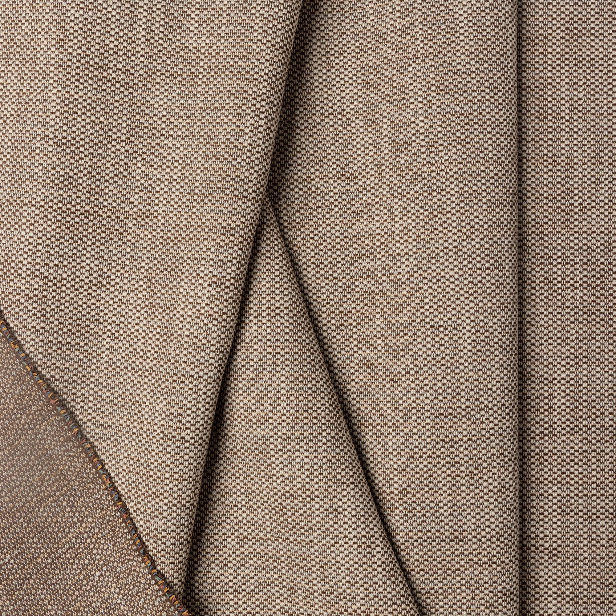 Brown basketweave upholstery fabric by the yard, folded showing drape and weight