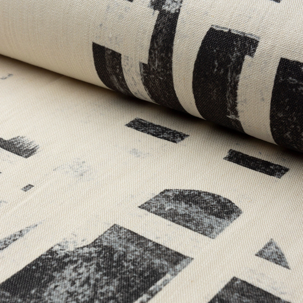 Cream and black brushstroke crosshatch linen fabric by the yard, rolled bolt view
