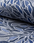Blue and cream botanical leaf jacquard upholstery fabric by the yard, rolled bolt view