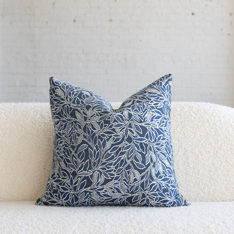Blue and cream botanical leaf jacquard throw pillow, 20-inch square