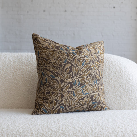 Dark brown with gold and blue botanical leaf jacquard throw pillow, 20-inch square