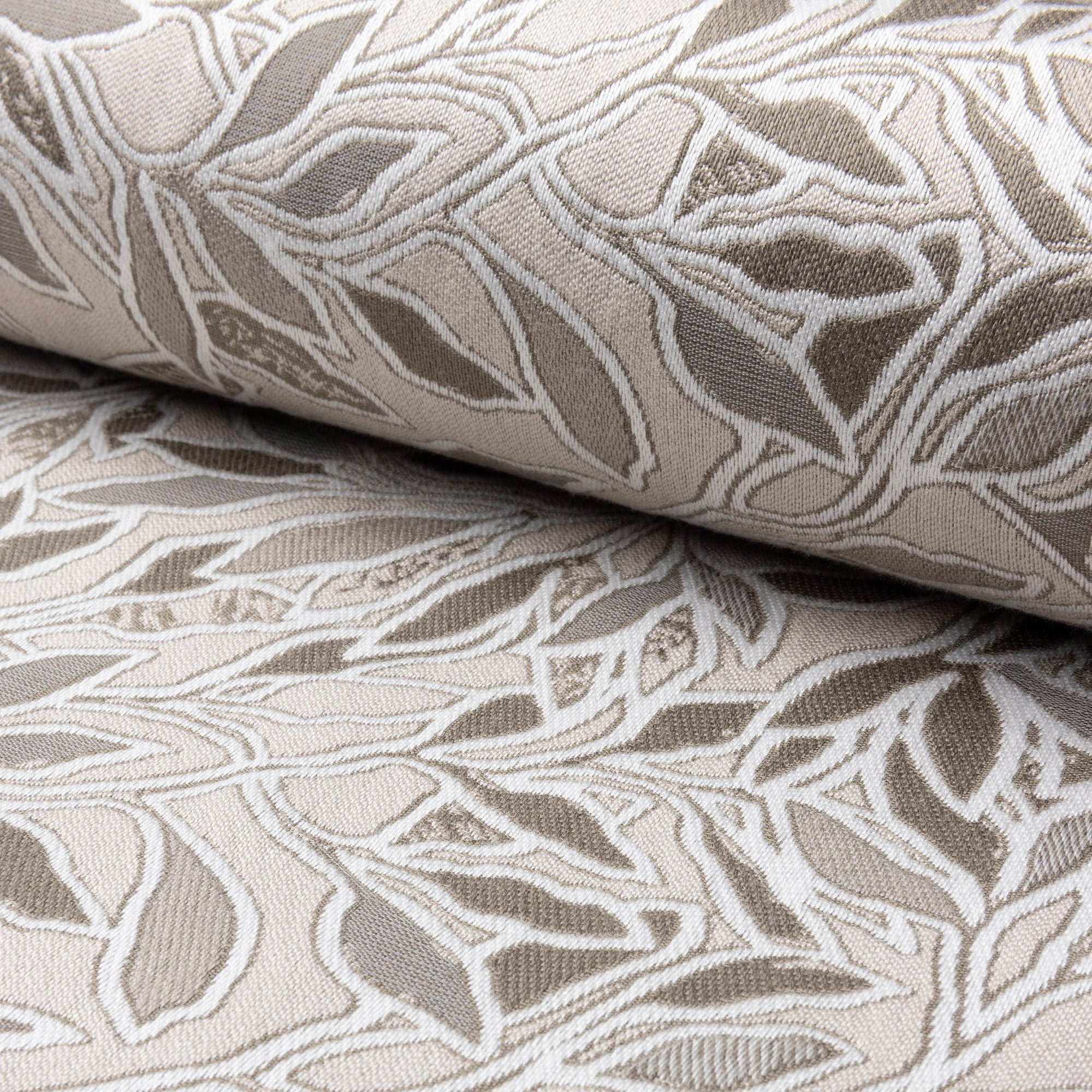 Cream botanical leaf jacquard upholstery fabric by the yard, rolled bolt view
