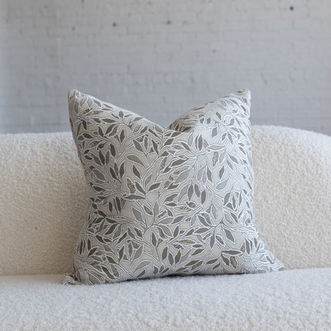 Cream and gray botanical leaf jacquard throw pillow, 20-inch square