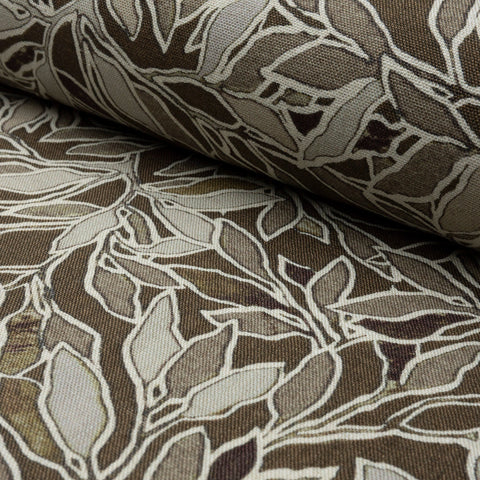 Brown and cream botanical leaf printed linen fabric by the yard, rolled bolt view