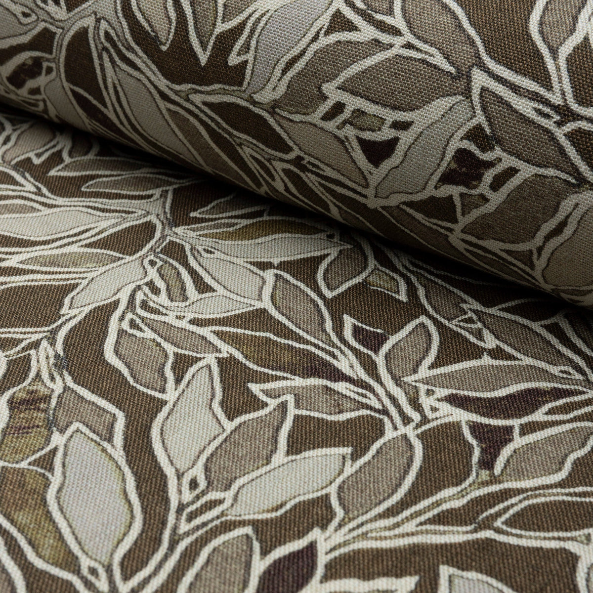 Brown and cream botanical leaf printed linen fabric by the yard, rolled bolt view