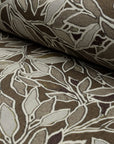 Brown and cream botanical leaf printed linen fabric by the yard, rolled bolt view