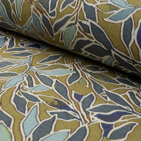 Olive gold and blue botanical leaf printed linen fabric by the yard, rolled bolt view
