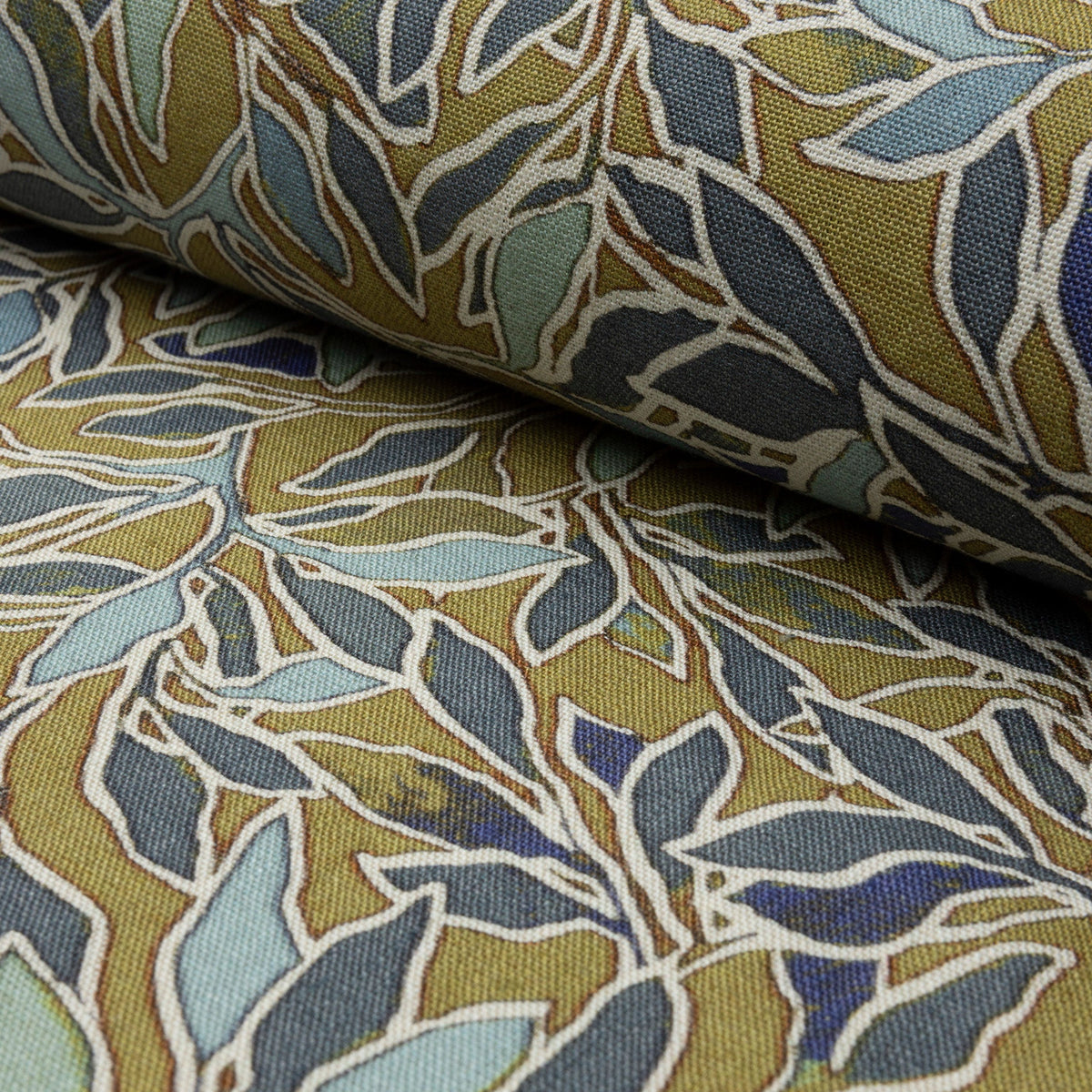 Olive gold and blue botanical leaf printed linen fabric by the yard, rolled bolt view