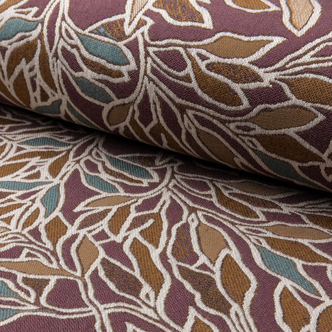 Deep maroon with teal botanical leaf jacquard upholstery fabric by the yard, rolled bolt view