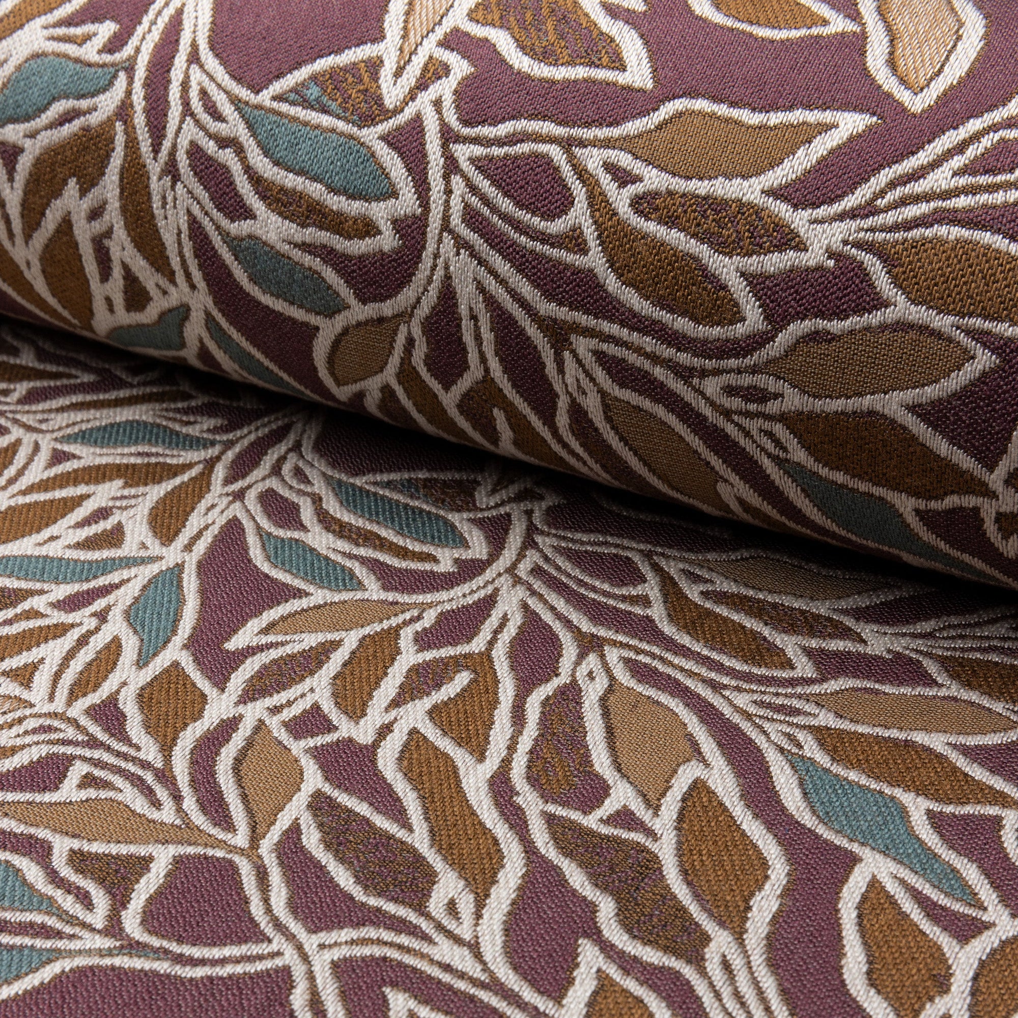 Deep maroon with teal botanical leaf jacquard upholstery fabric by the yard, rolled bolt view