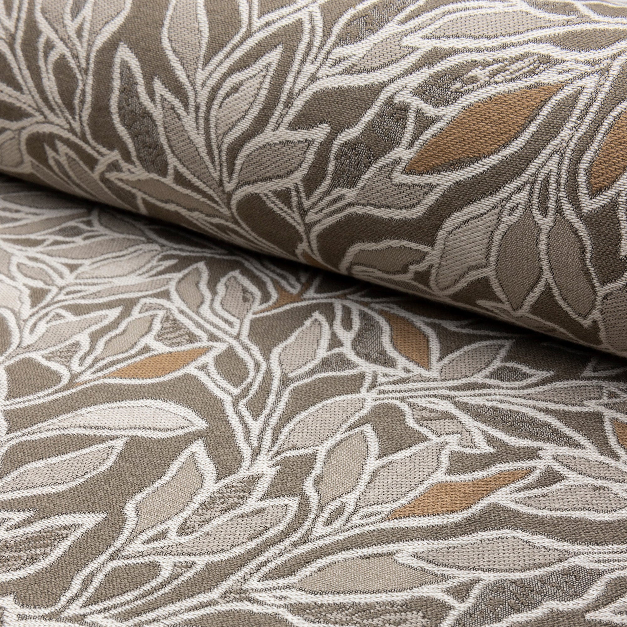 Sand botanical leaf jacquard upholstery fabric by the yard, rolled bolt view