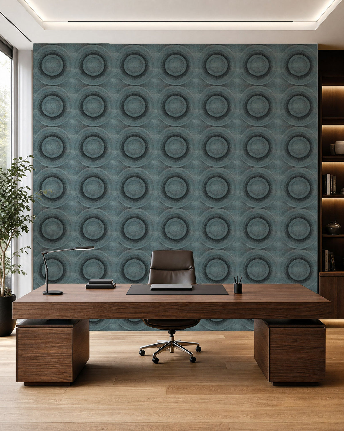 Aqua stippled circle commercial wallcovering installed in a home office