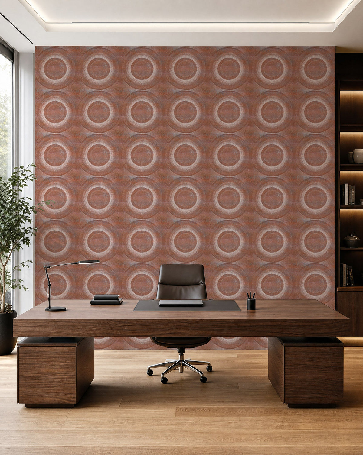 Terracotta stippled circle commercial wallcovering installed in a home office