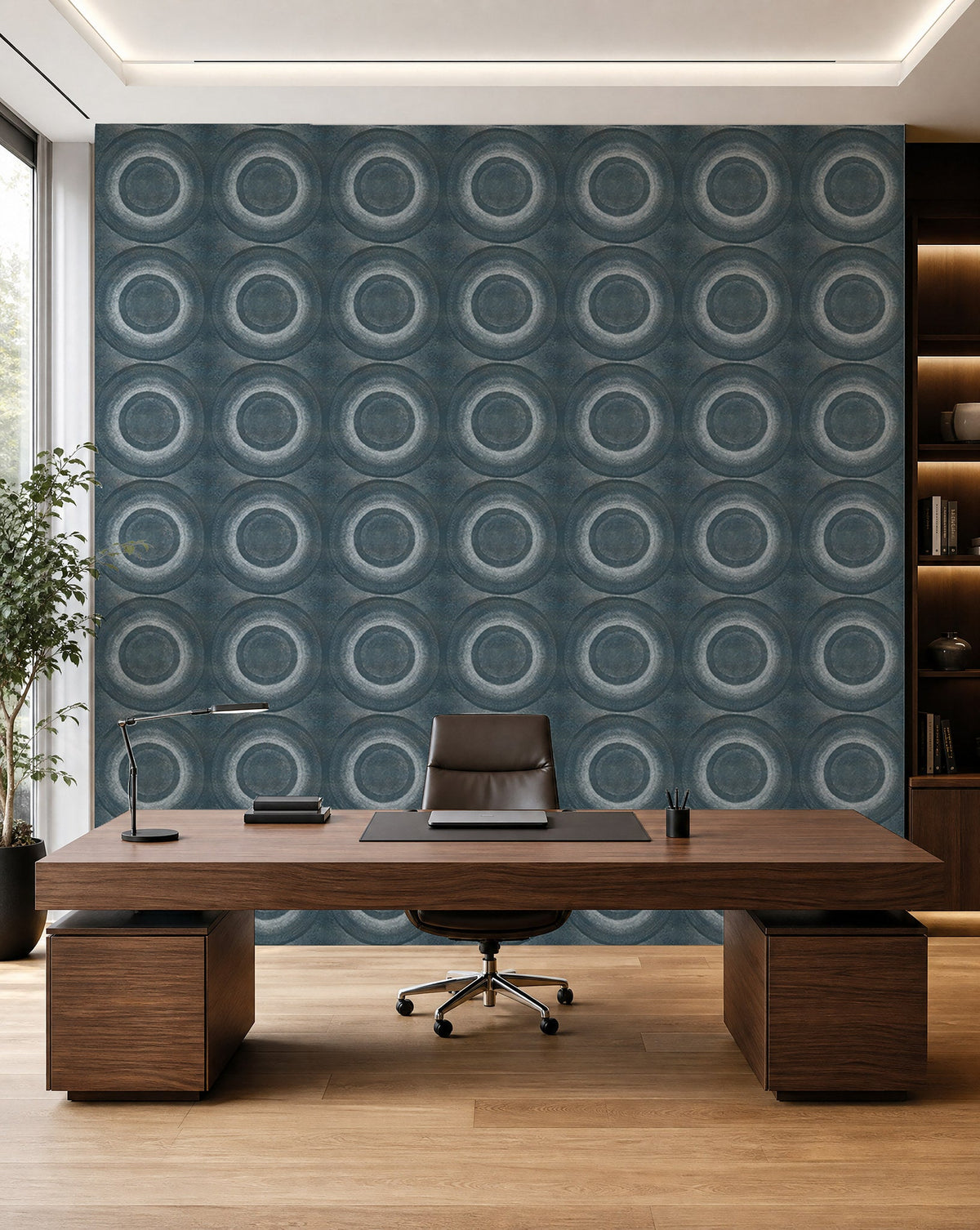 Deep teal stippled circle commercial wallcovering installed in a home office
