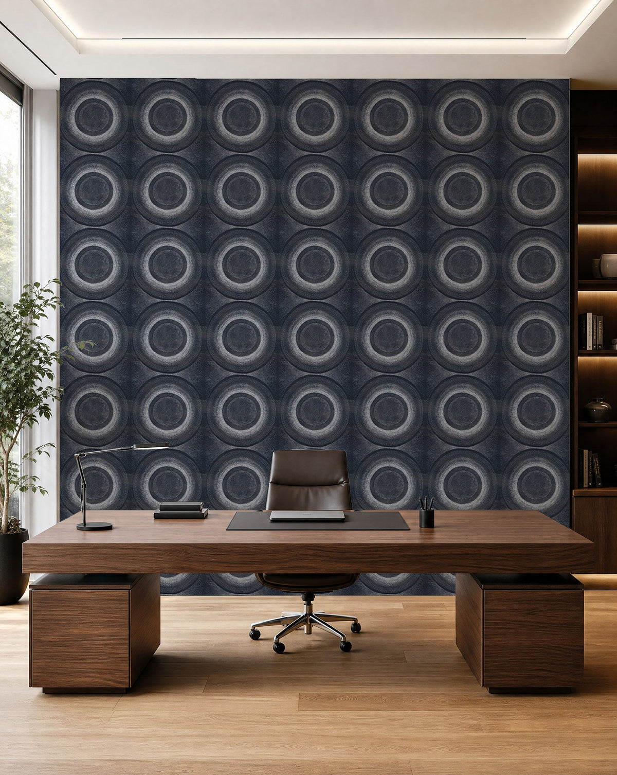 Navy stippled circle wallpaper installed in a home office