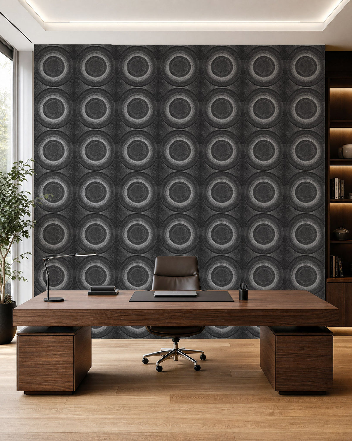 Charcoal stippled circle wallpaper installed in a home office