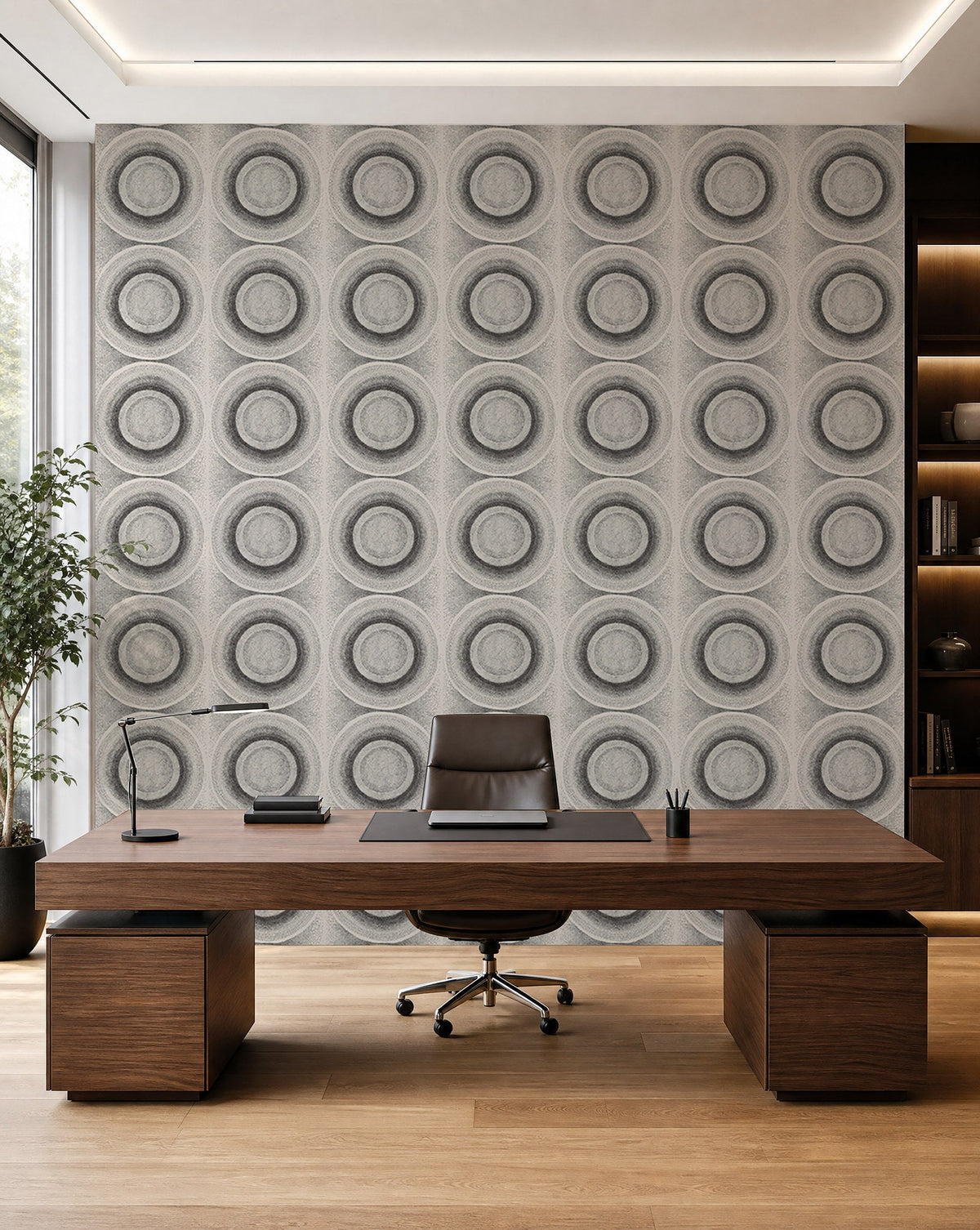Off-white and black stippled circle commercial wallcovering installed in a home office
