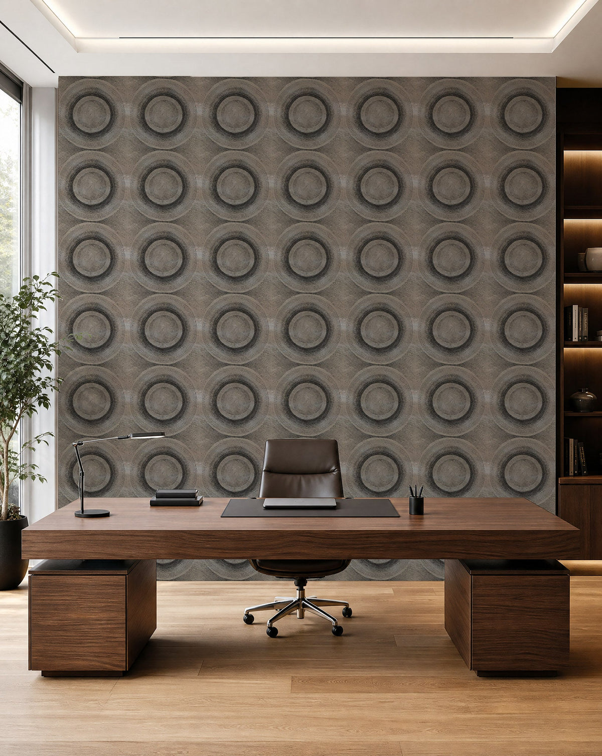Taupe stippled circle wallpaper installed in a home office