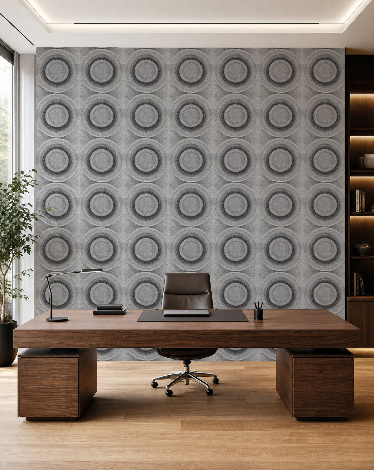 Light gray stippled circle commercial wallcovering installed in a home office