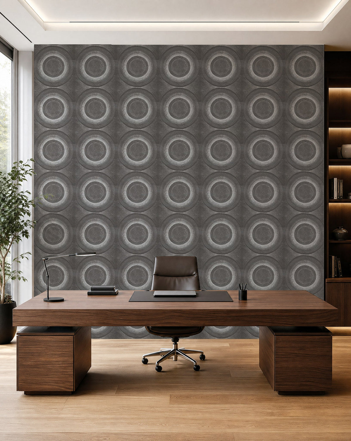 Slate gray stippled circle commercial wallcovering installed in a home office