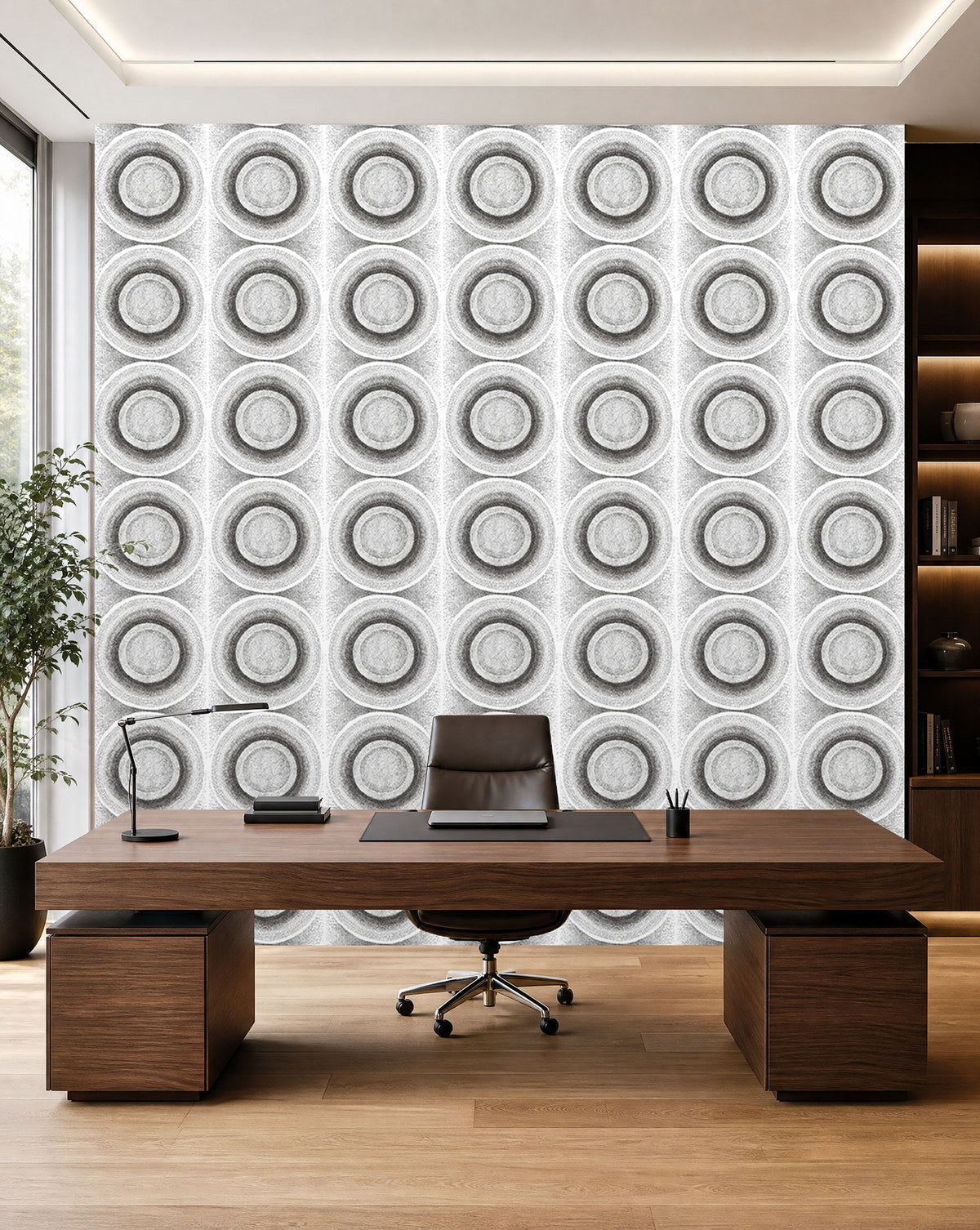 White and black stippled circle commercial wallcovering installed in a home office