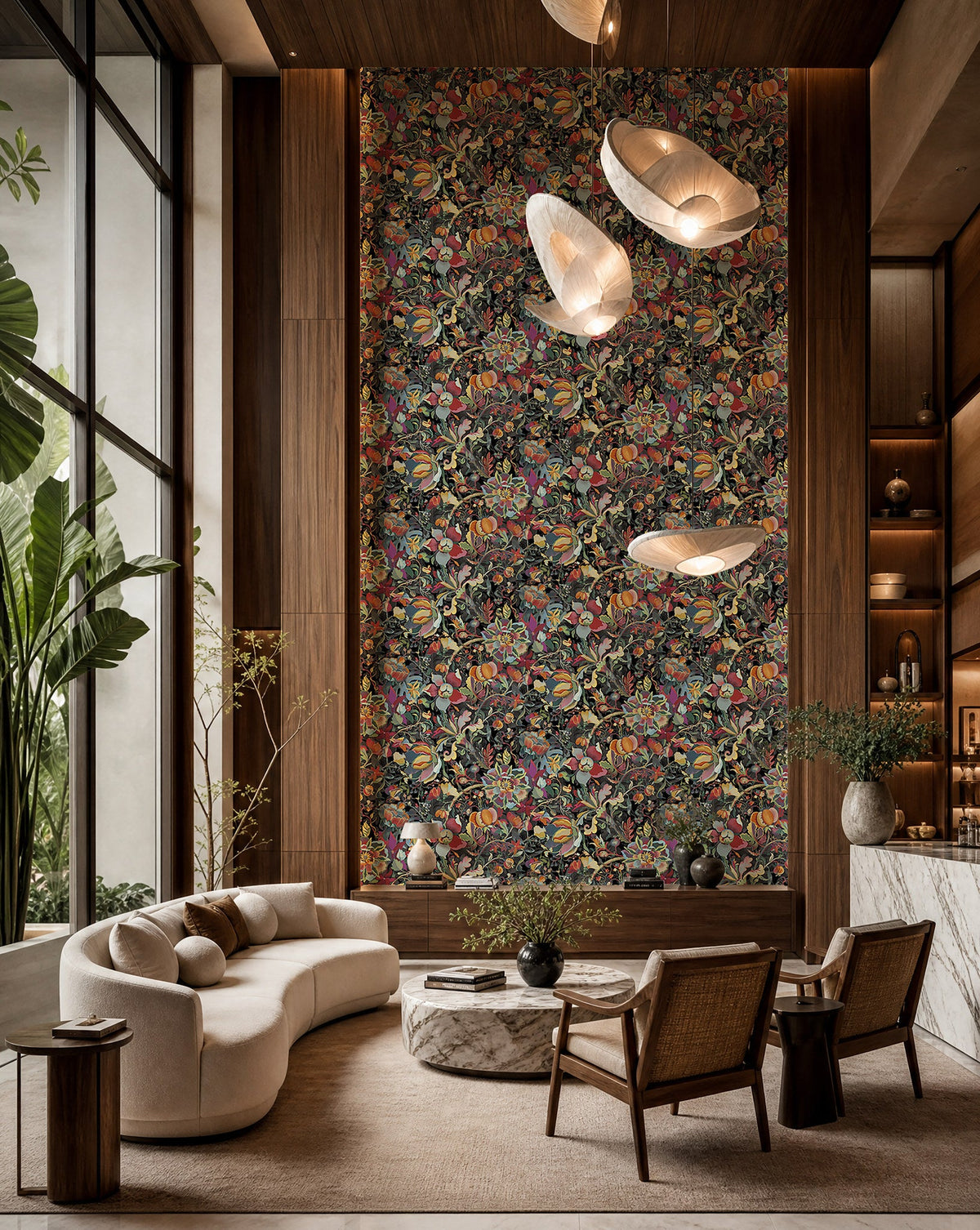 Multicolor fruit and floral botanical on black commercial wallcovering installed in a double-height lounge