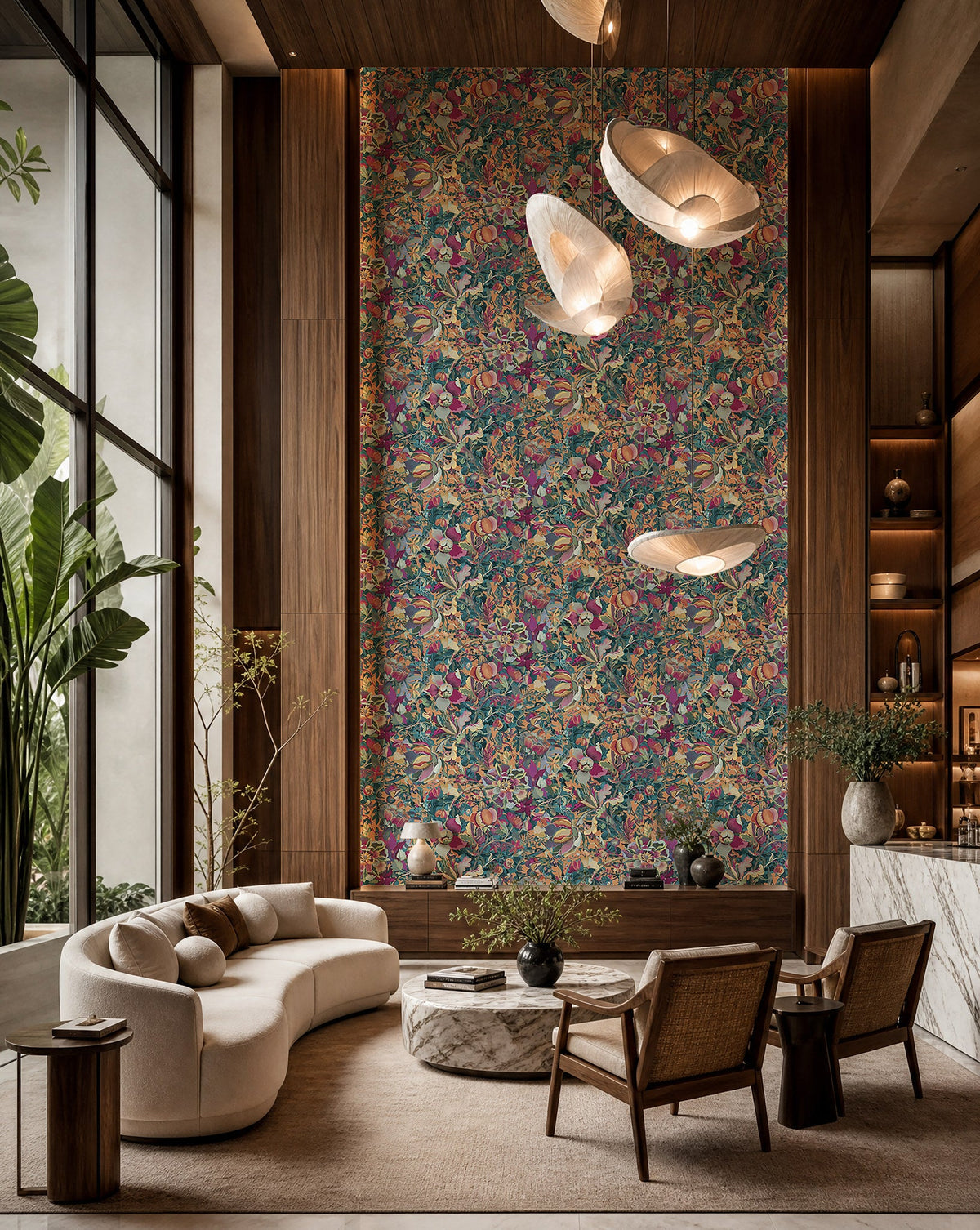 Magenta and teal fruit and floral botanical commercial wallcovering installed in a double-height lounge