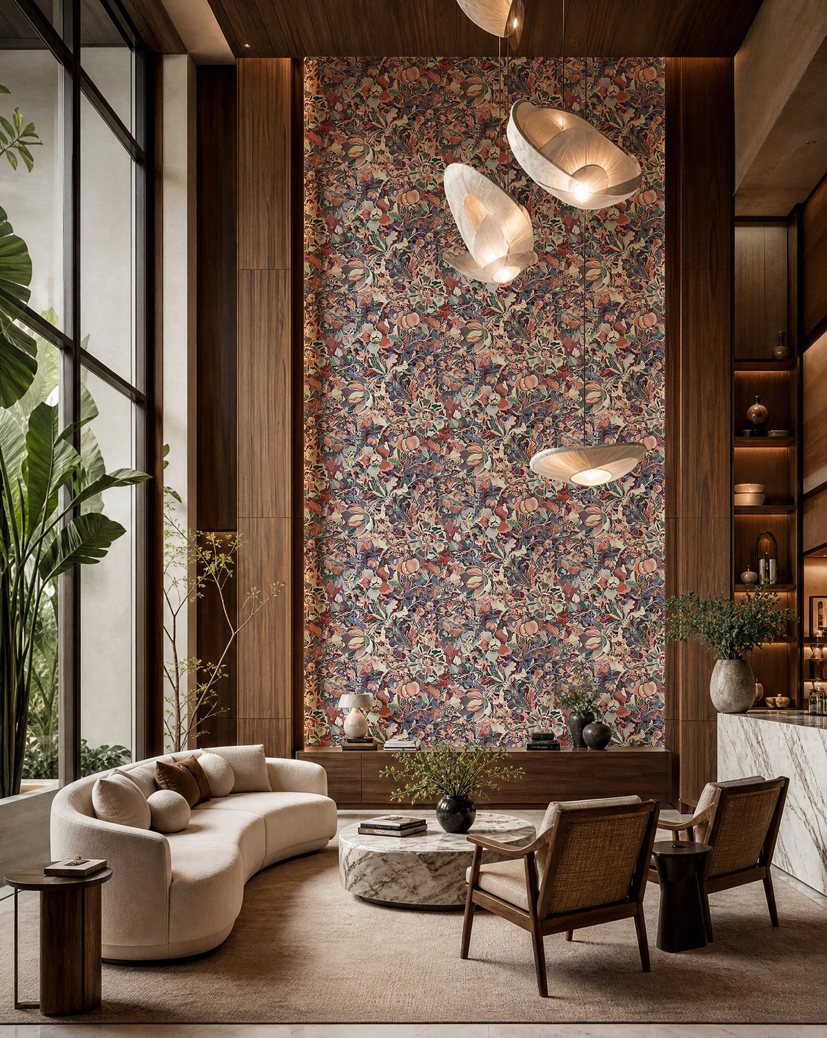 Pink and plum fruit and floral botanical wallpaper installed in a double-height lounge