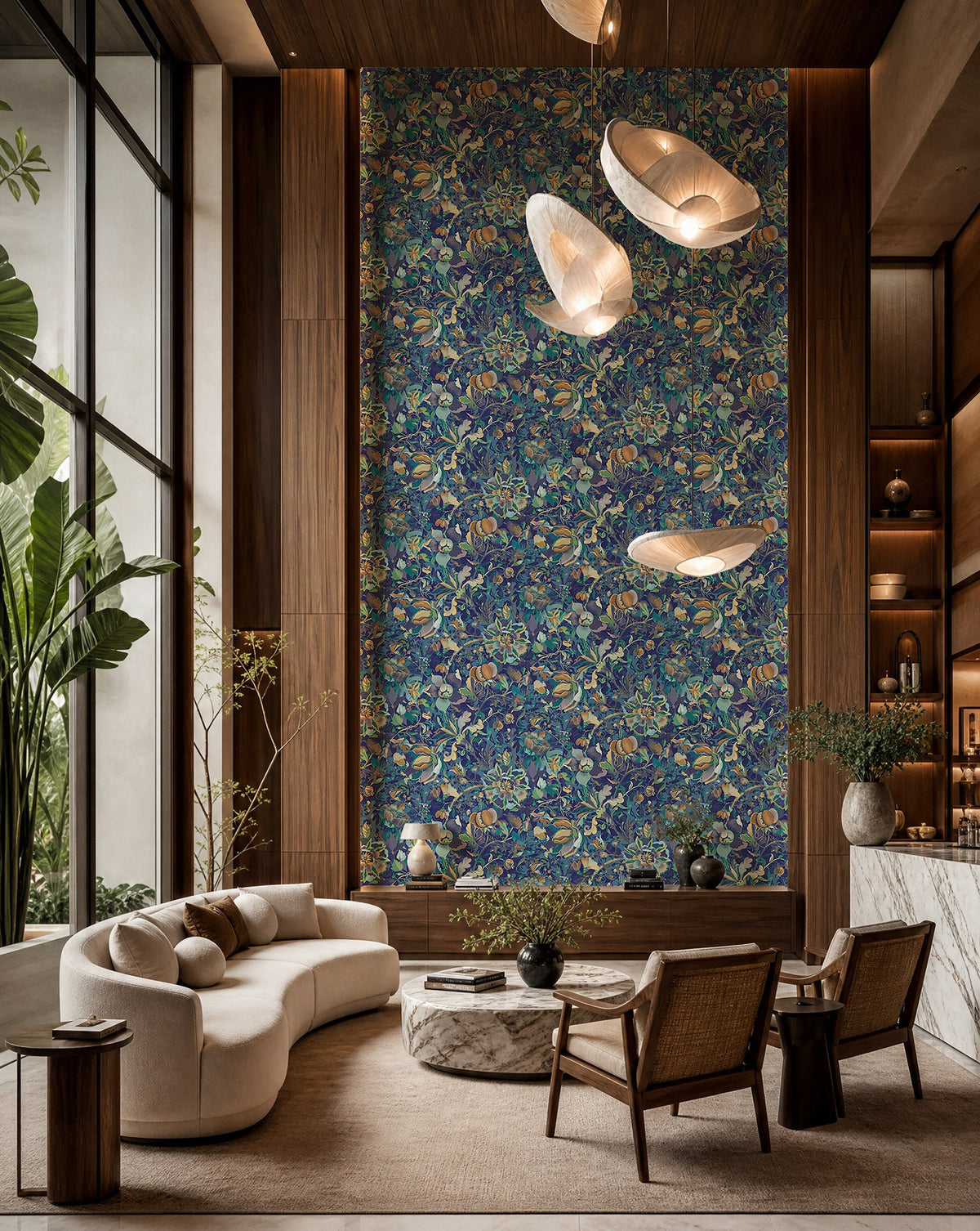 Blue and violet fruit and floral botanical wallpaper installed in a double-height lounge