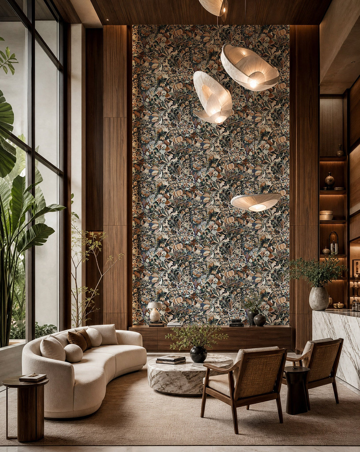 Brown and cream fruit and floral botanical commercial wallcovering installed in a double-height lounge