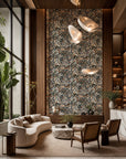 Brown and cream fruit and floral botanical commercial wallcovering installed in a double-height lounge