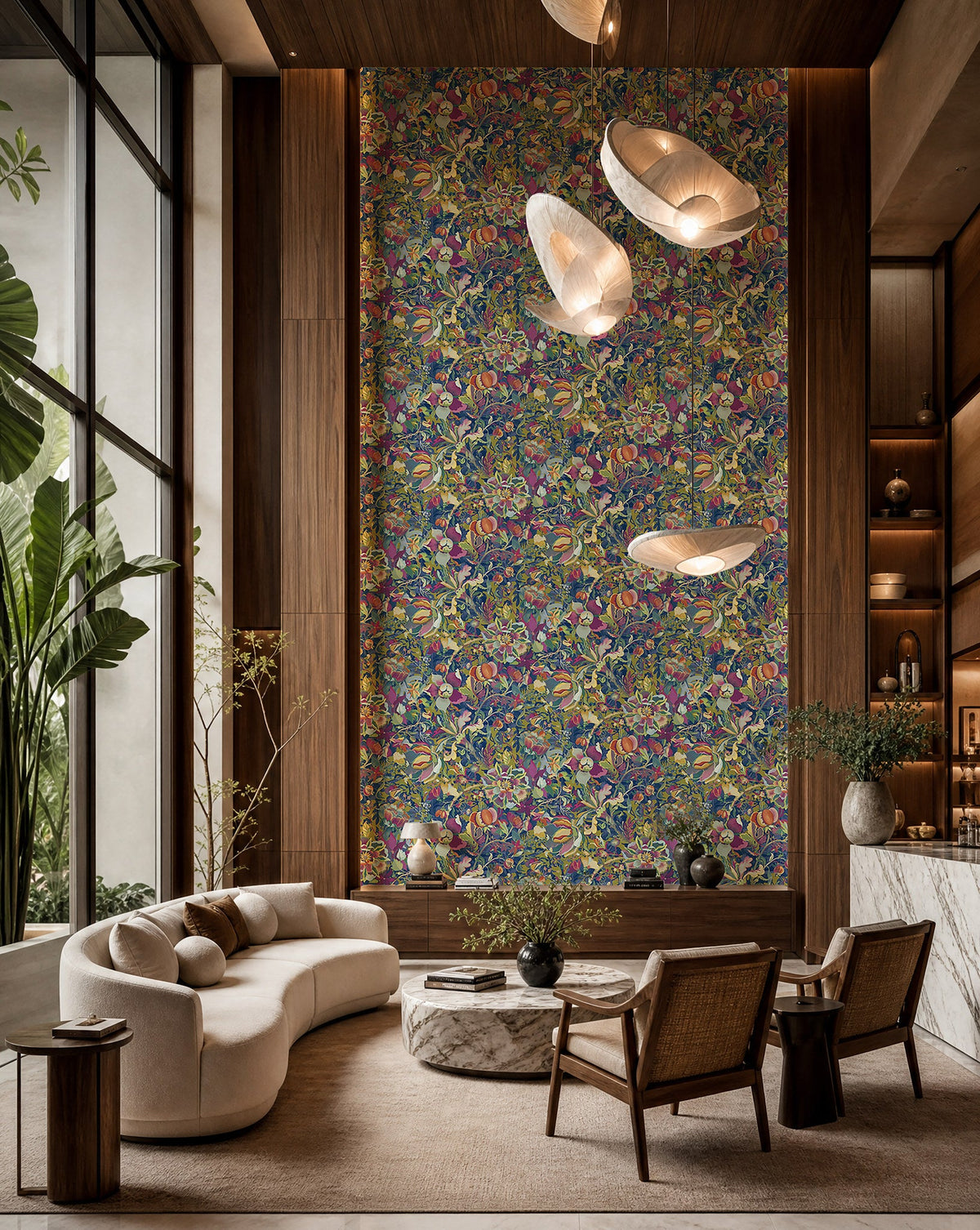 Green and purple fruit and floral botanical wallpaper installed in a double-height lounge