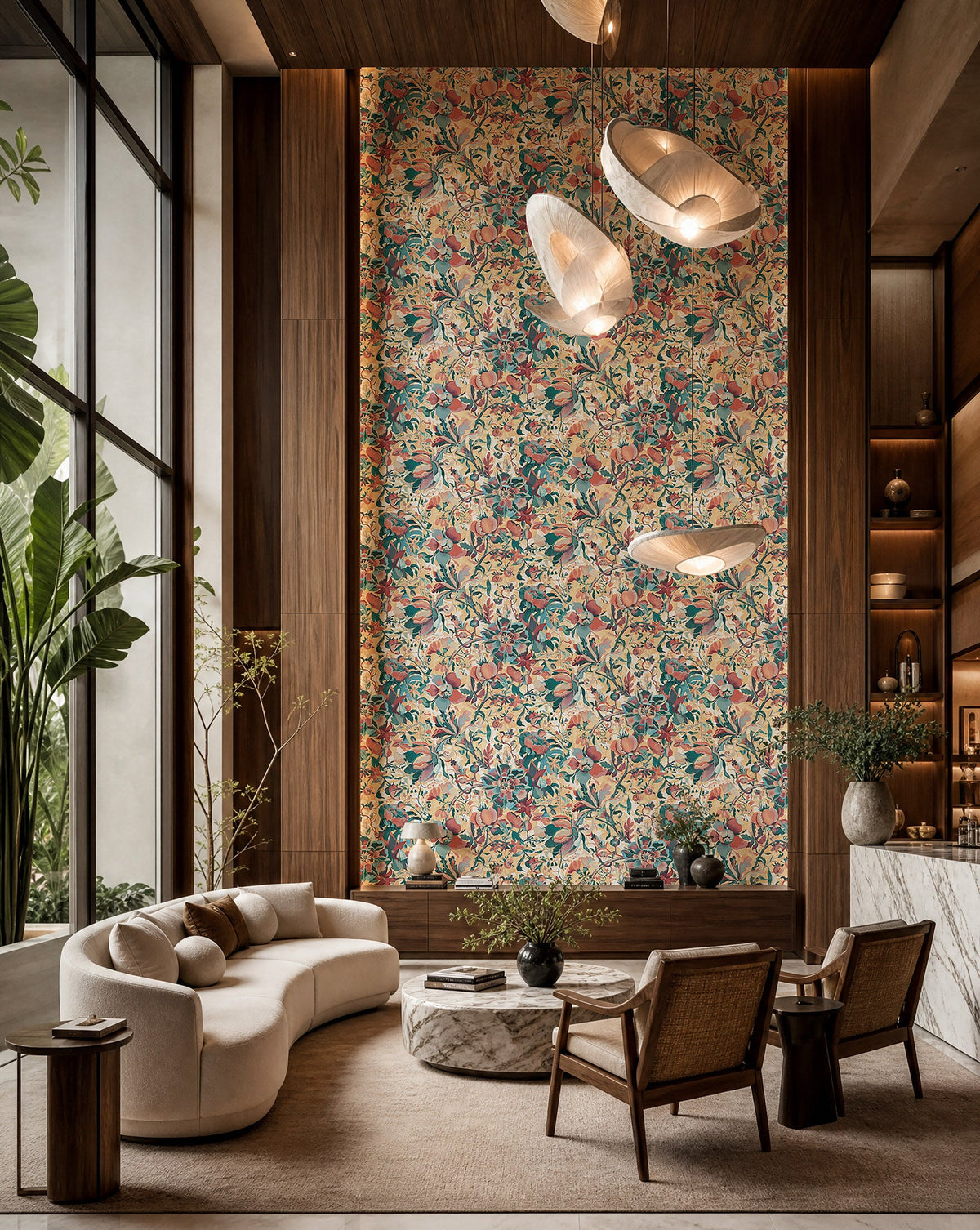Peach and teal botanical on cream commercial wallcovering installed in a double-height lounge