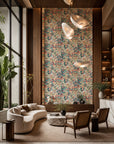 Peach and teal botanical on cream commercial wallcovering installed in a double-height lounge