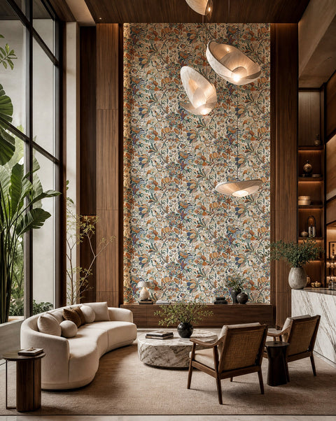 Brown and rust botanical on white wallpaper installed in a double-height lounge