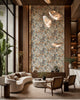Brown and rust botanical on white wallpaper installed in a double-height lounge