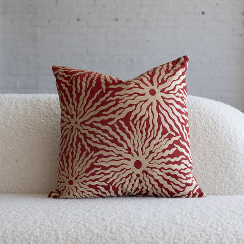 Red and cream sunburst jacquard throw pillow, 20-inch square