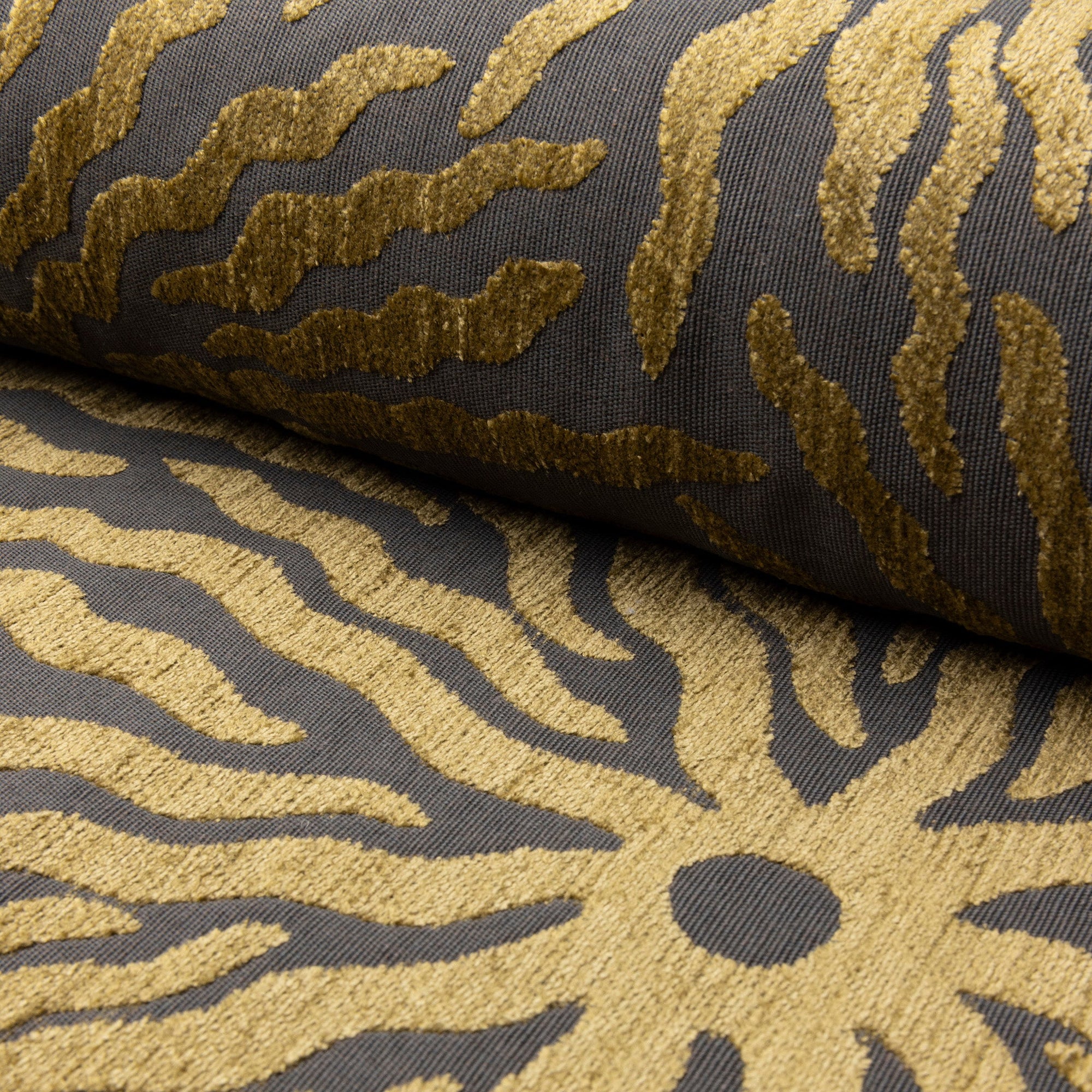 Gold and brown sunburst jacquard upholstery fabric by the yard, rolled bolt view