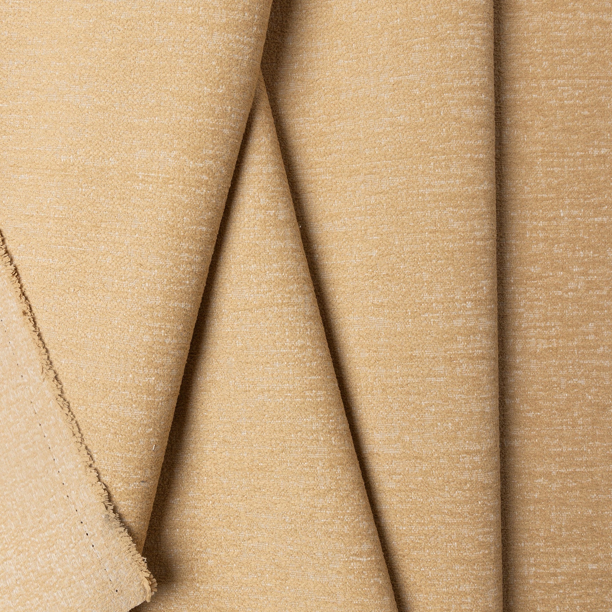 Brown chenille outdoor fabric by the yard, folded showing drape and weight