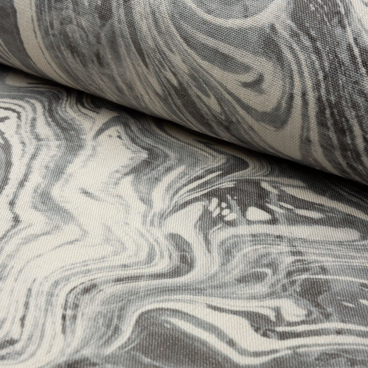 Gray and silver marbled abstract linen fabric by the yard, rolled bolt view